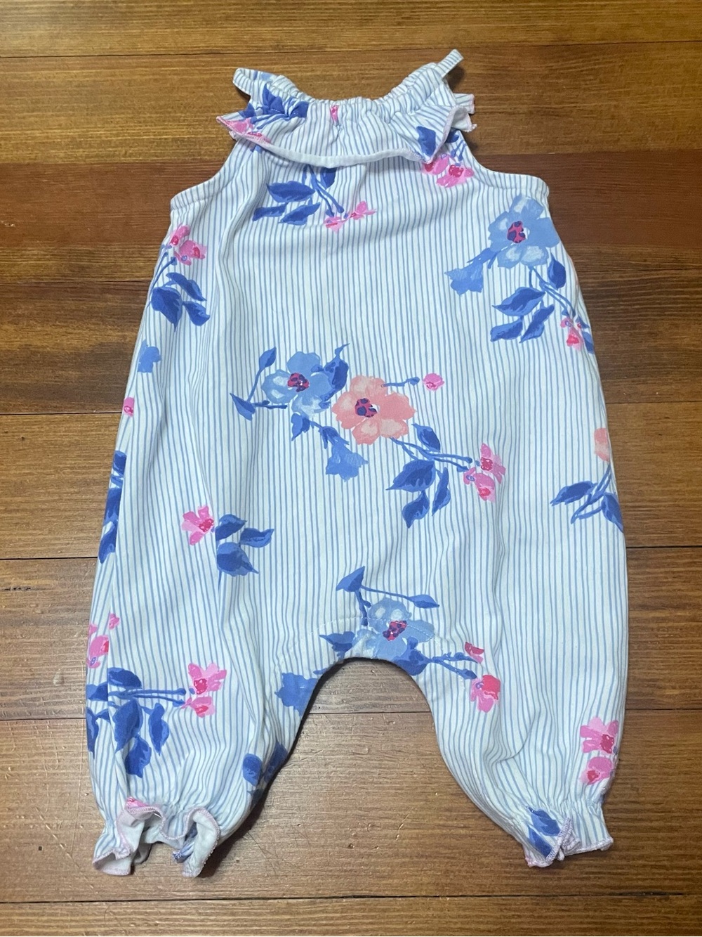 Joules Striped Floral Halter Ruffle Romper - Blue & Pink Size 3-6 Months